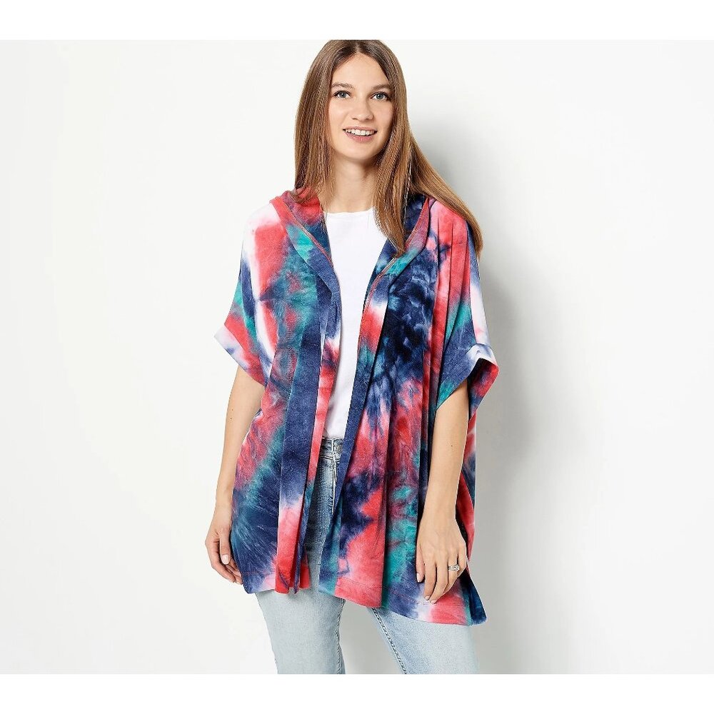 Attitudes by Renee Malibu Knit Tie Dye Hooded Ruana Firecracker Womens XXS NEW